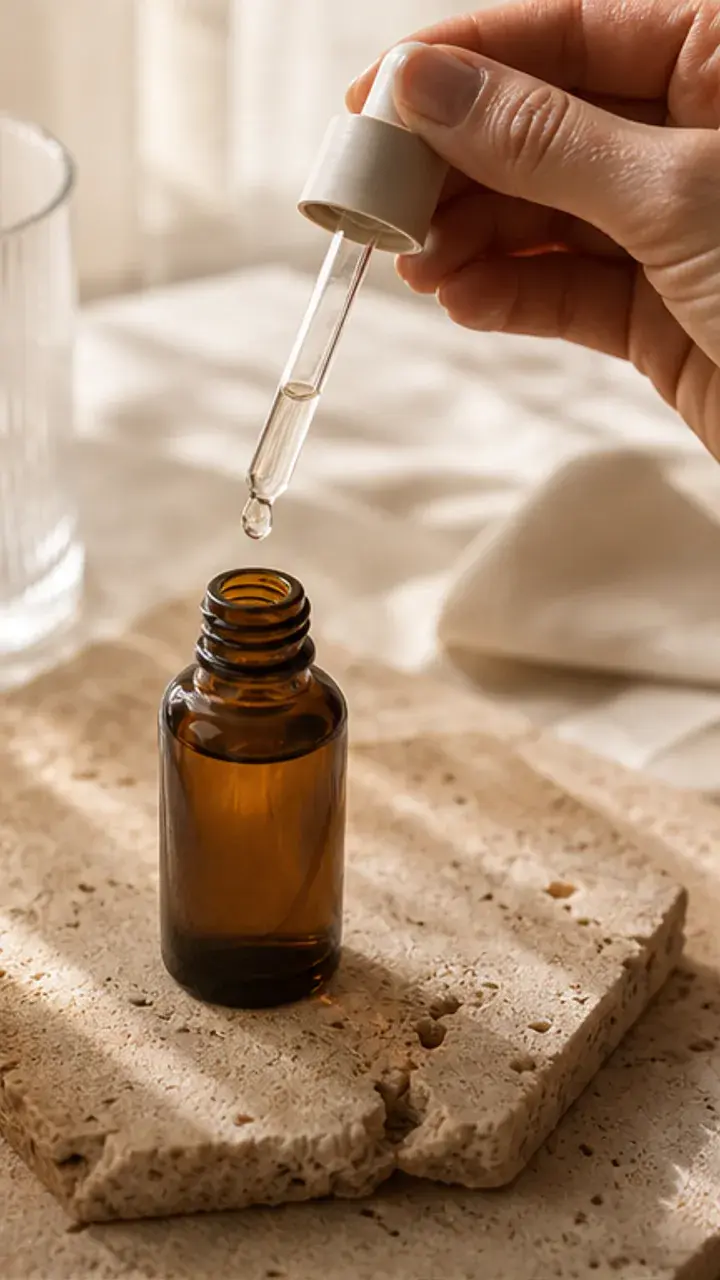 Unbranded amber serum dropper in warm daylight