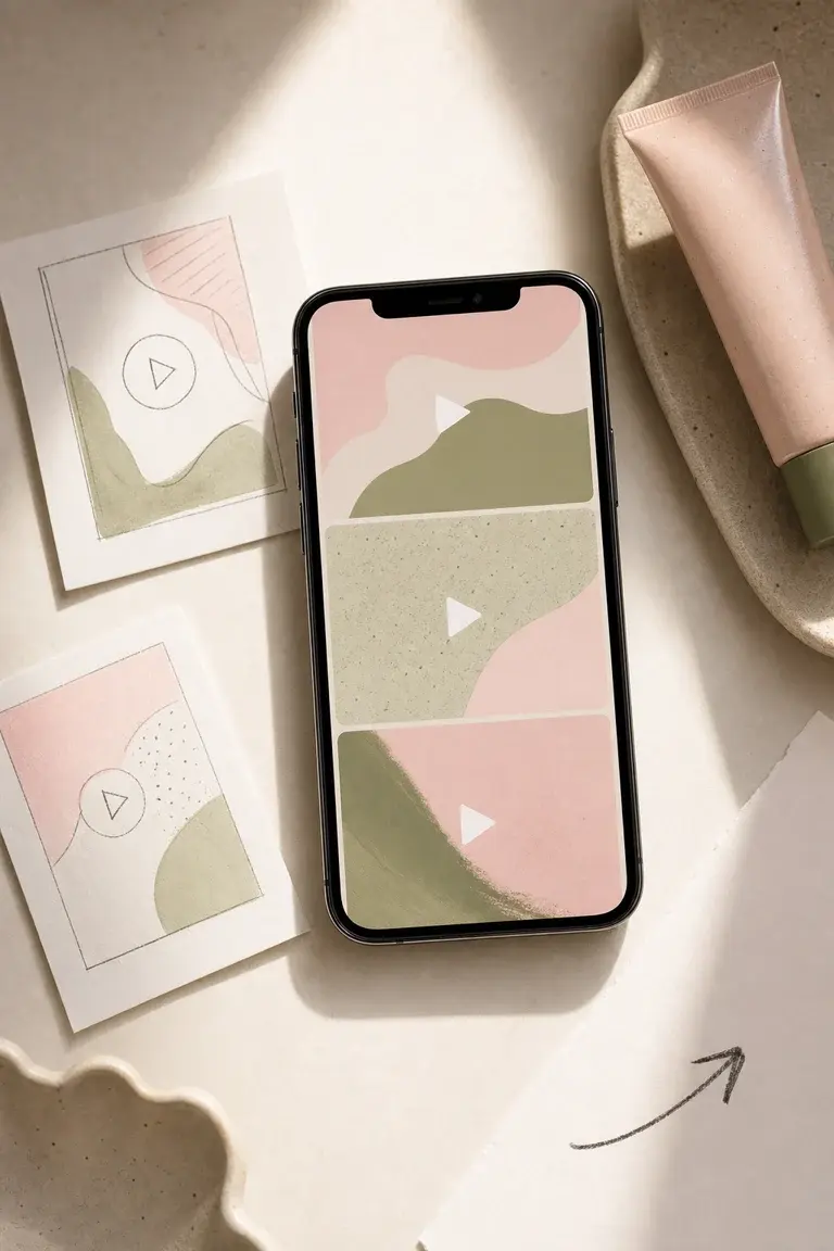Phone with abstract vertical video frames beside paper storyboards and an unbranded cosmetic tube